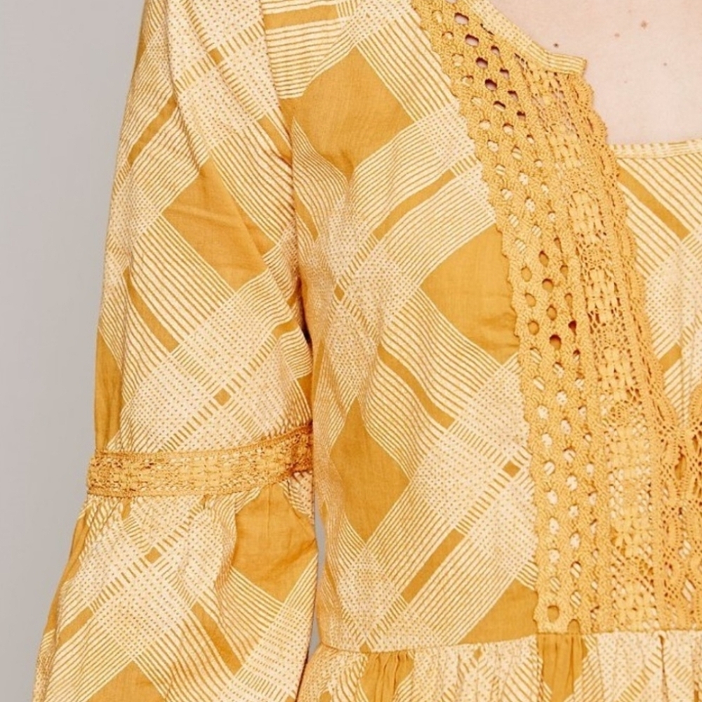 Free People Constantine Dress Gold Plaid Boho Long Sleeve‎ - Picture 4 of 14